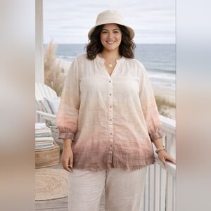 ​Westbound XL Sunset Ombré Muslin Gauze Button-Up Top Distressed Raw Hem